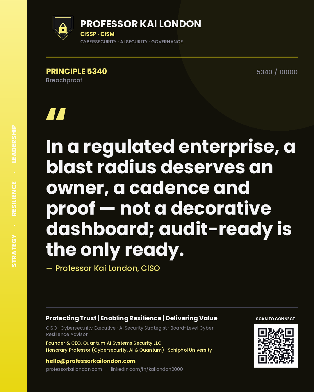 Quote card by Professor Kai London reading 'In a regulated enterprise, a blast radius deserves an owner, a cadence and proof — not a decorative dashboard; audit-ready is the only ready.'. From the book Breachproof.