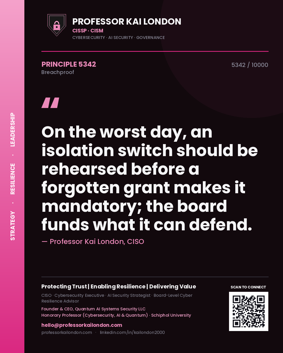 Quote card by Professor Kai London reading 'On the worst day, an isolation switch should be rehearsed before a forgotten grant makes it mandatory; the board funds what it can defend.'. From the book Breachproof.