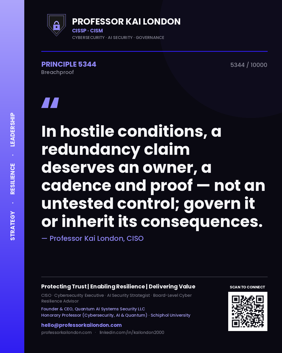 Quote card by Professor Kai London reading 'In hostile conditions, a redundancy claim deserves an owner, a cadence and proof — not an untested control; govern it or inherit its consequences.'. From the book Breachproof.