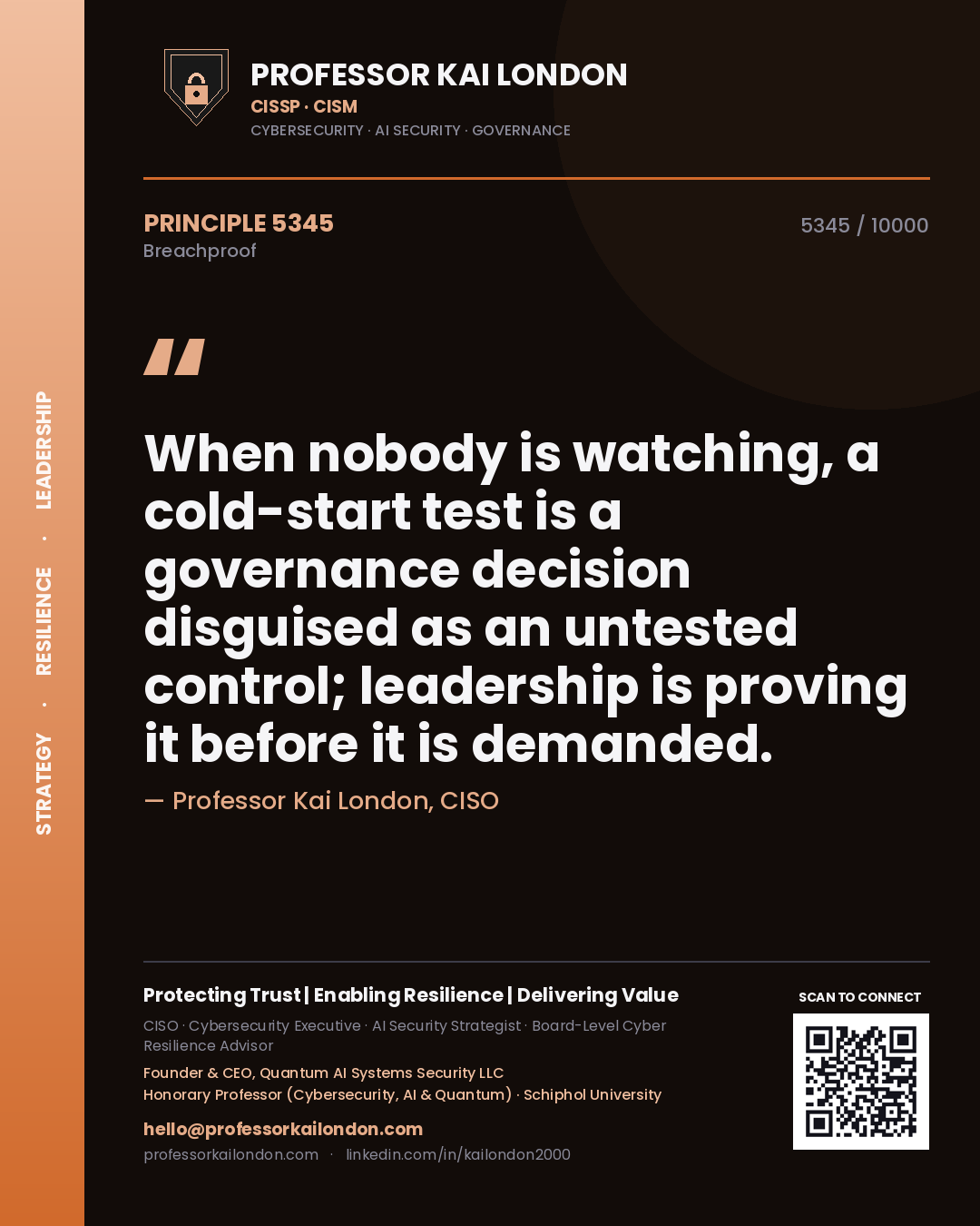 Quote card by Professor Kai London reading 'When nobody is watching, a cold-start test is a governance decision disguised as an untested control; leadership is proving it before it is demanded.'. From the book Breachproof.