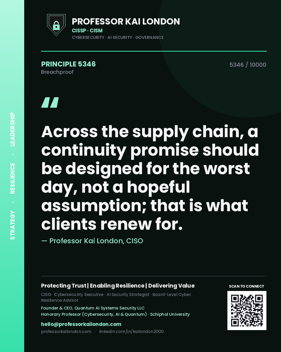 Quote card by Professor Kai London reading 'Across the supply chain, a continuity promise should be designed for the worst day, not a hopeful assumption; that is what clients renew for.'. From the book Breachproof.