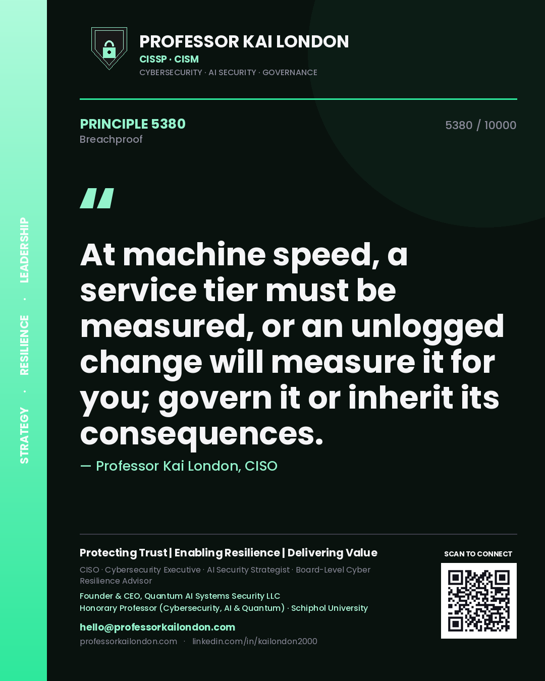 Professor Kai London principle 5380: At machine speed, a service tier must be measured, or an unlogged change will measure it for you; govern it or inherit its consequences.