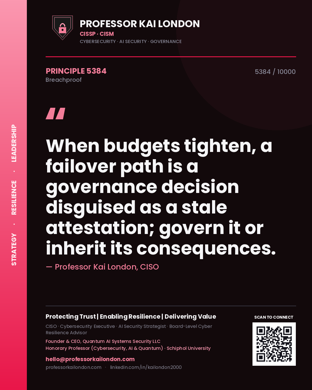 Professor Kai London principle 5384: When budgets tighten, a failover path is a governance decision disguised as a stale attestation; govern it or inherit its consequences.