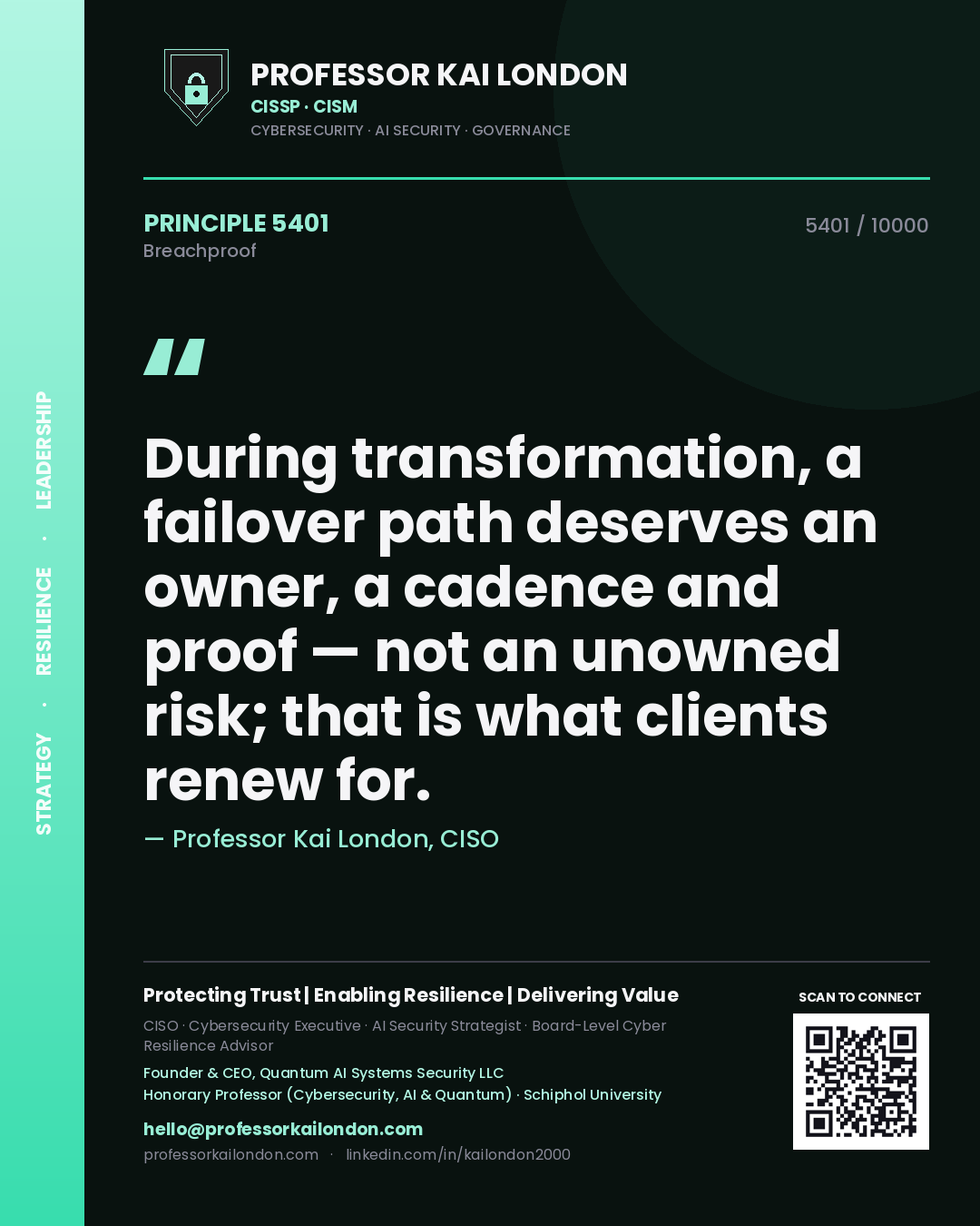Quote card by Professor Kai London reading 'During transformation, a failover path deserves an owner, a cadence and proof — not an unowned risk; that is what clients renew for.'. From the book Breachproof.