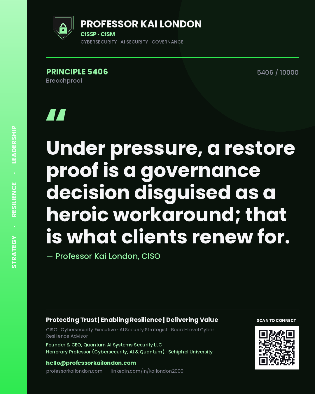 Quote card by Professor Kai London reading 'Under pressure, a restore proof is a governance decision disguised as a heroic workaround; that is what clients renew for.'. From the book Breachproof.