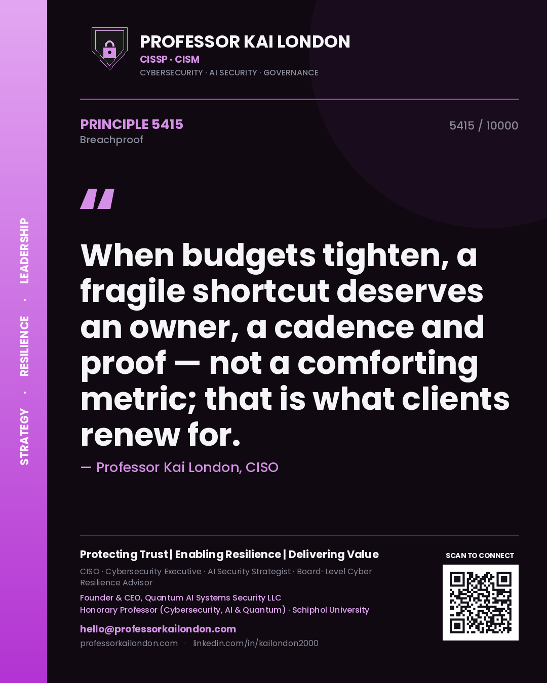 Quote card by Professor Kai London reading 'When budgets tighten, a fragile shortcut deserves an owner, a cadence and proof — not a comforting metric; that is what clients renew for.'. From the book Breachproof.