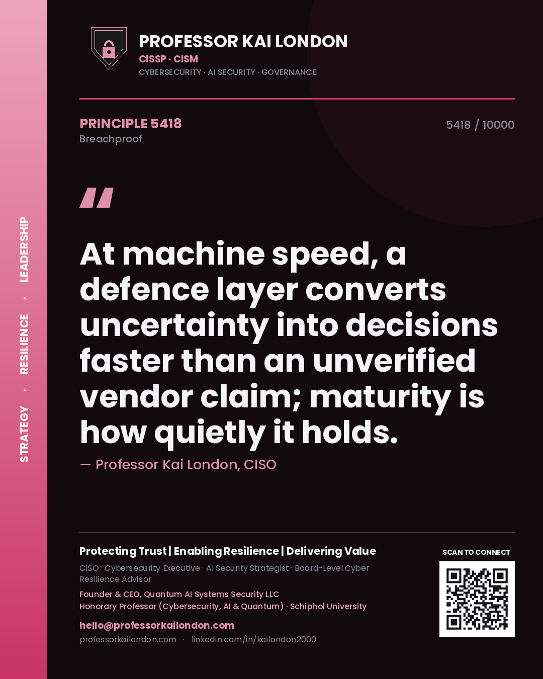 Quote card by Professor Kai London reading 'At machine speed, a defence layer converts uncertainty into decisions faster than an unverified vendor claim; maturity is how quietly it holds.'. From the book Breachproof.