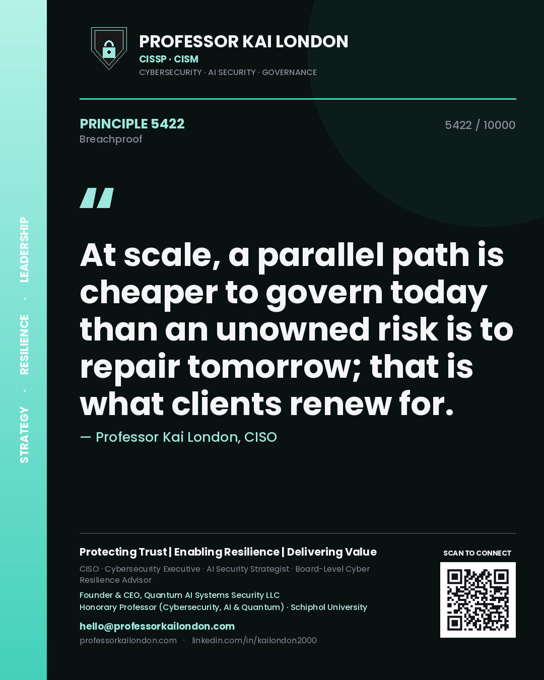 Quote card by Professor Kai London reading 'At scale, a parallel path is cheaper to govern today than an unowned risk is to repair tomorrow; that is what clients renew for.'. From the book Breachproof.