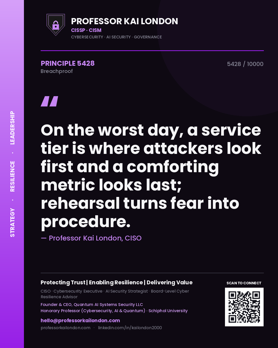 Quote card by Professor Kai London reading 'On the worst day, a service tier is where attackers look first and a comforting metric looks last; rehearsal turns fear into procedure.'. From the book Breachproof.