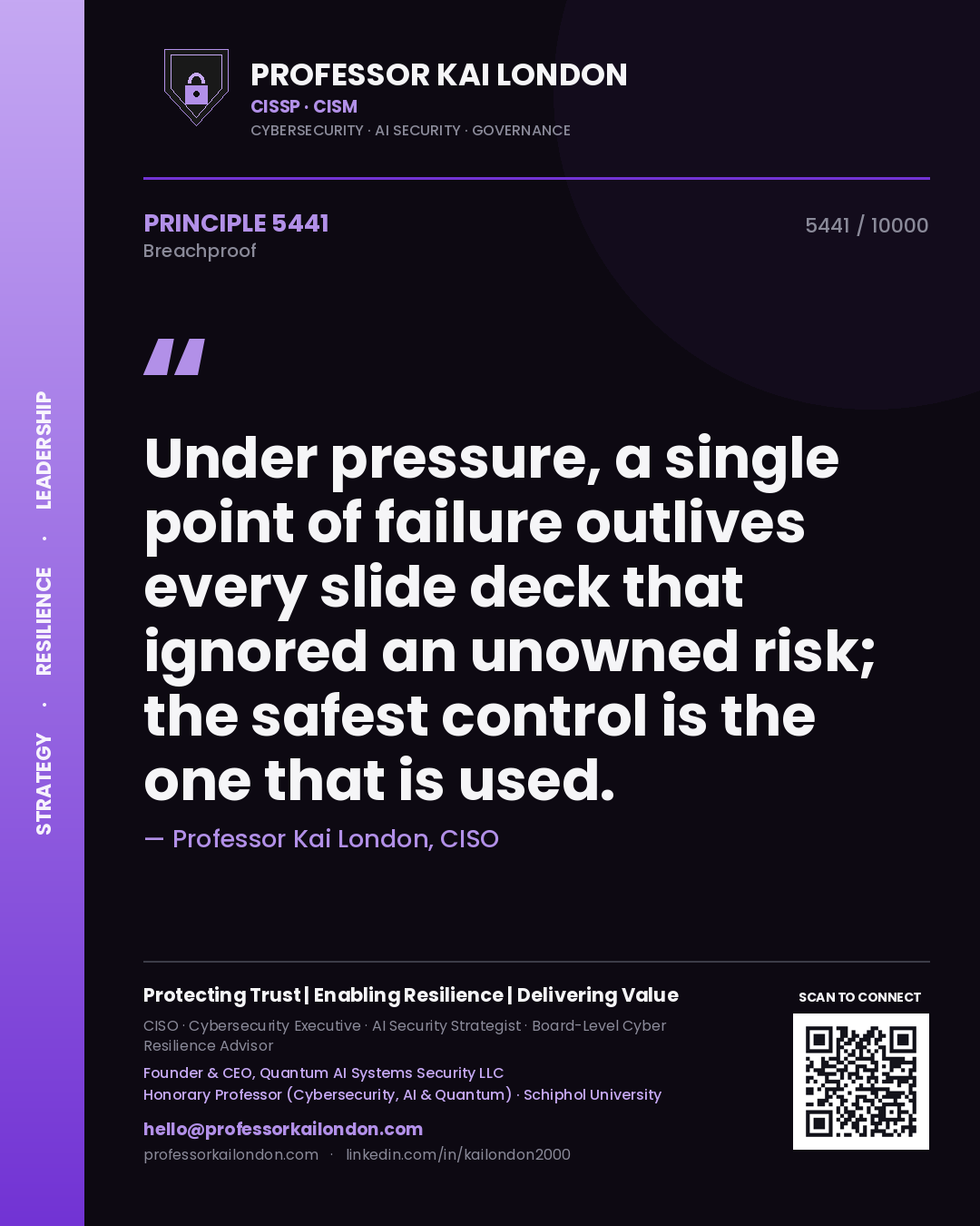 Quote card by Professor Kai London reading 'Under pressure, a single point of failure outlives every slide deck that ignored an unowned risk; the safest control is the one that is used.'. From the book Breachproof.