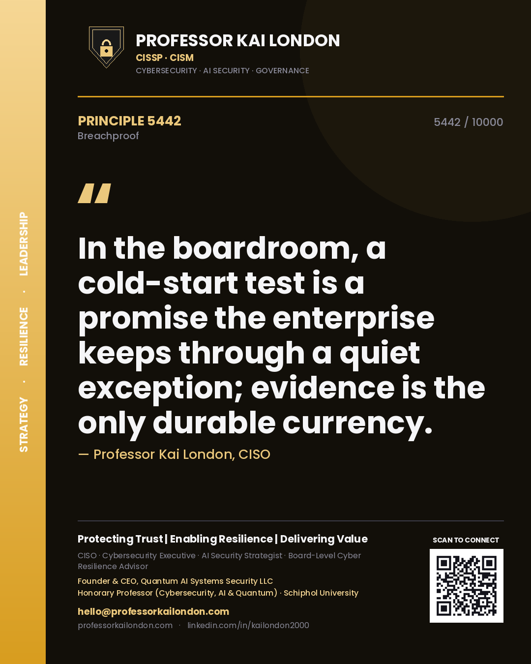Quote card by Professor Kai London reading 'In the boardroom, a cold-start test is a promise the enterprise keeps through a quiet exception; evidence is the only durable currency.'. From the book Breachproof.