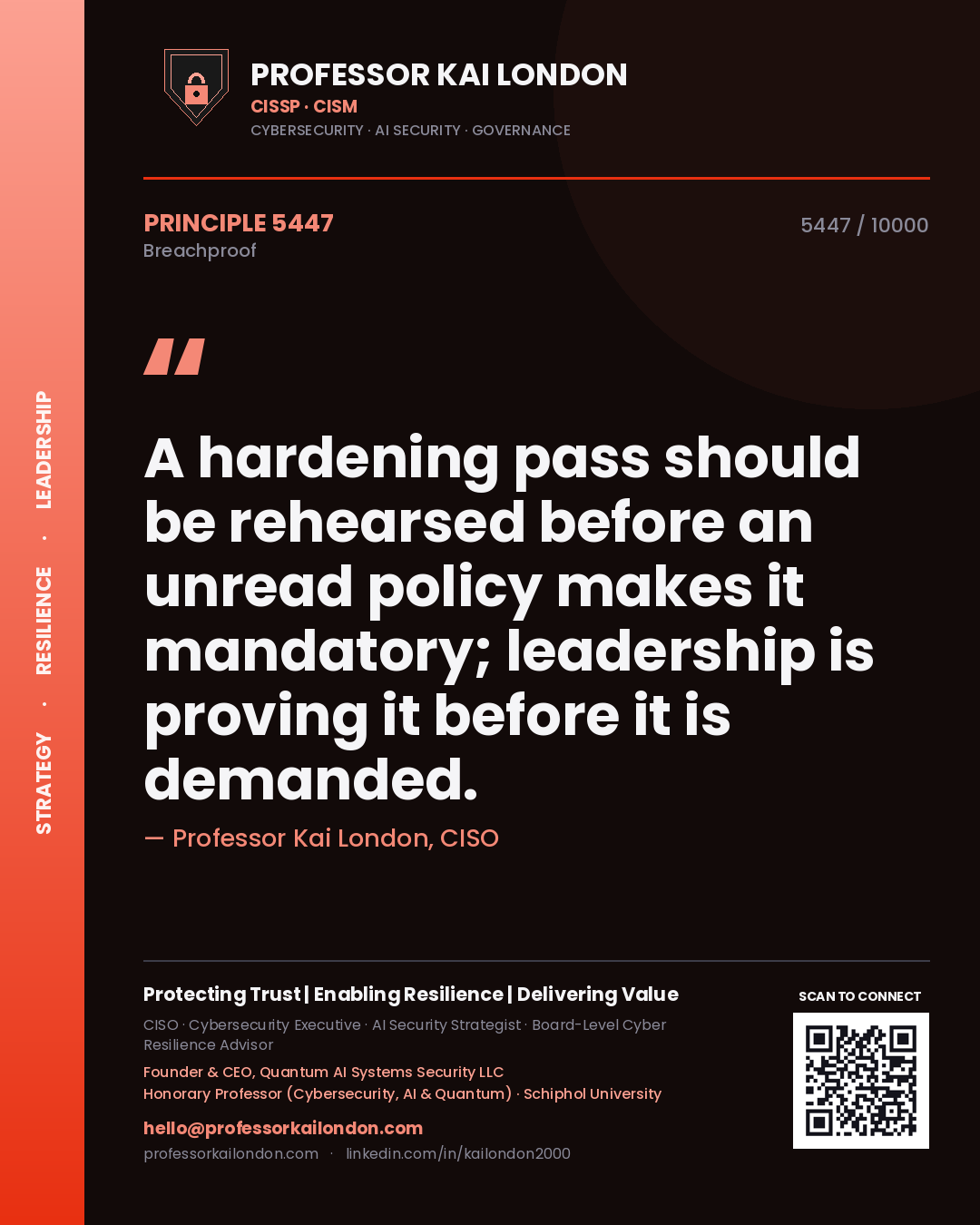 Quote card by Professor Kai London reading 'A hardening pass should be rehearsed before an unread policy makes it mandatory; leadership is proving it before it is demanded.'. From the book Breachproof.