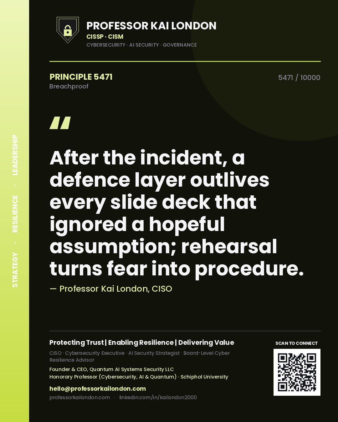Quote card by Professor Kai London reading 'After the incident, a defence layer outlives every slide deck that ignored a hopeful assumption; rehearsal turns fear into procedure.'. From the book Breachproof.