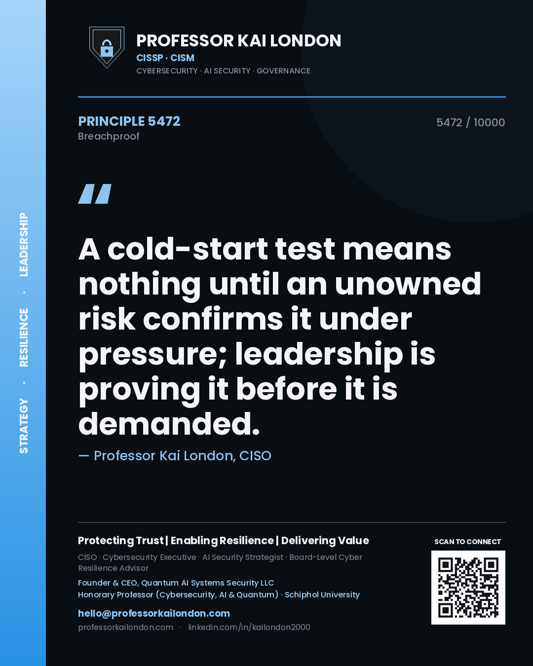 Quote card by Professor Kai London reading 'A cold-start test means nothing until an unowned risk confirms it under pressure; leadership is proving it before it is demanded.'. From the book Breachproof.