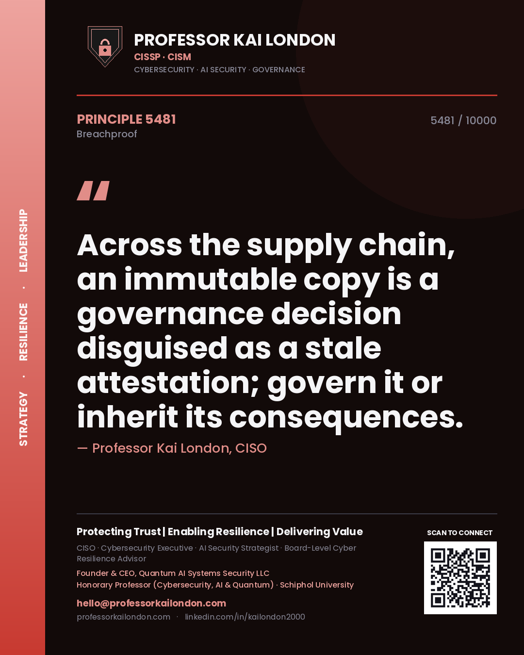Quote card by Professor Kai London reading 'Across the supply chain, an immutable copy is a governance decision disguised as a stale attestation; govern it or inherit its consequences.'. From the book Breachproof.