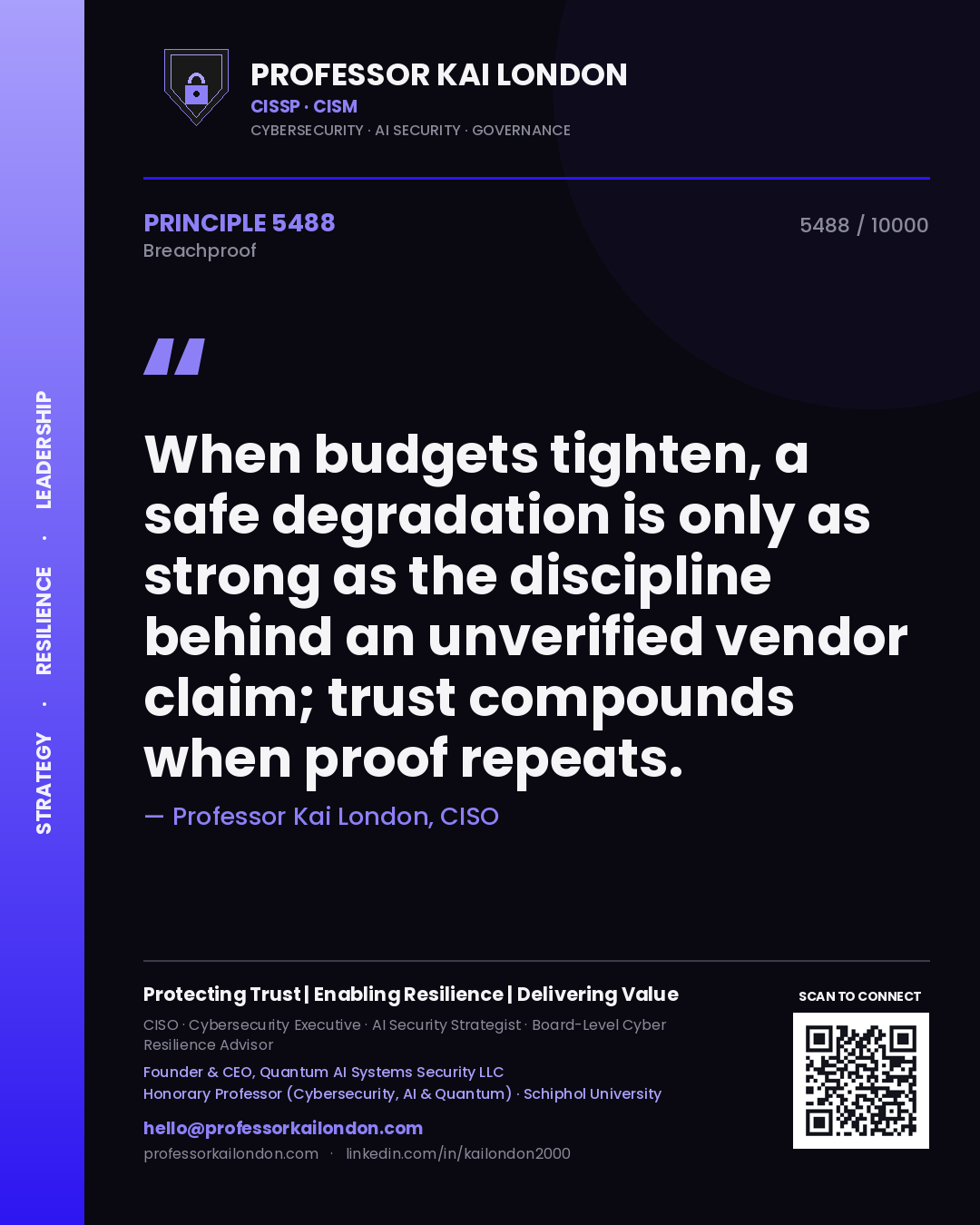 Quote card by Professor Kai London reading 'When budgets tighten, a safe degradation is only as strong as the discipline behind an unverified vendor claim; trust compounds when proof repeats.'. From the book Breachproof.