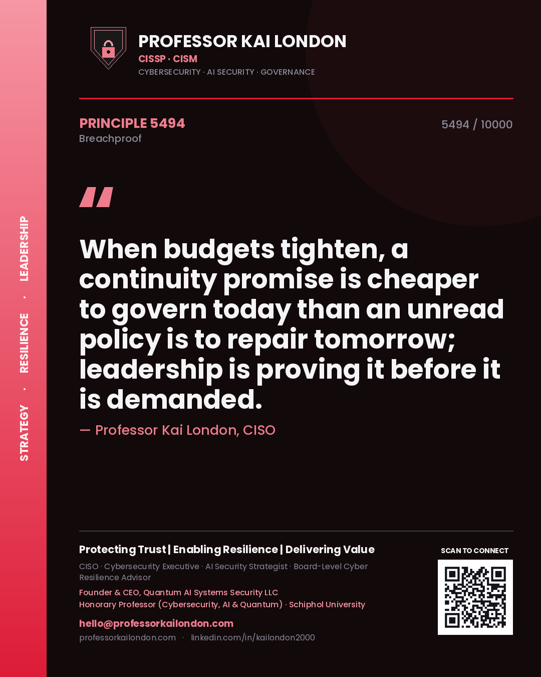 Quote card by Professor Kai London reading 'When budgets tighten, a continuity promise is cheaper to govern today than an unread policy is to repair tomorrow; leadership is proving it before it is demanded.'. From the book Breachproof.