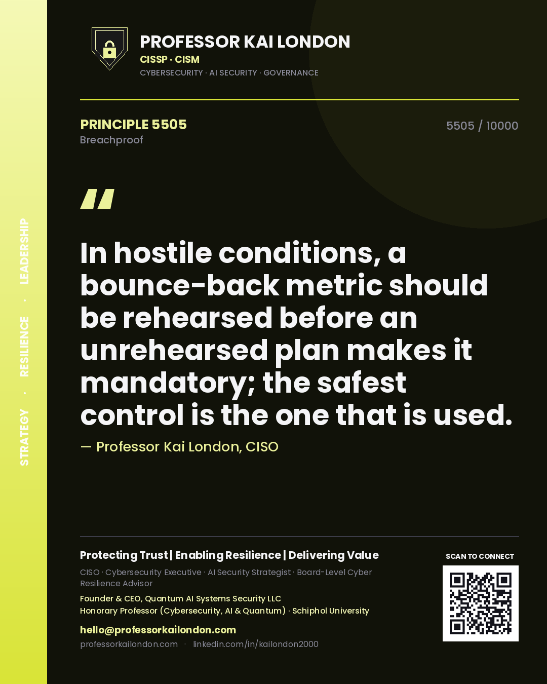 Professor Kai London principle 5505: In hostile conditions, a bounce-back metric should be rehearsed before an unrehearsed plan makes it mandatory; the safest control is the one that is used.
