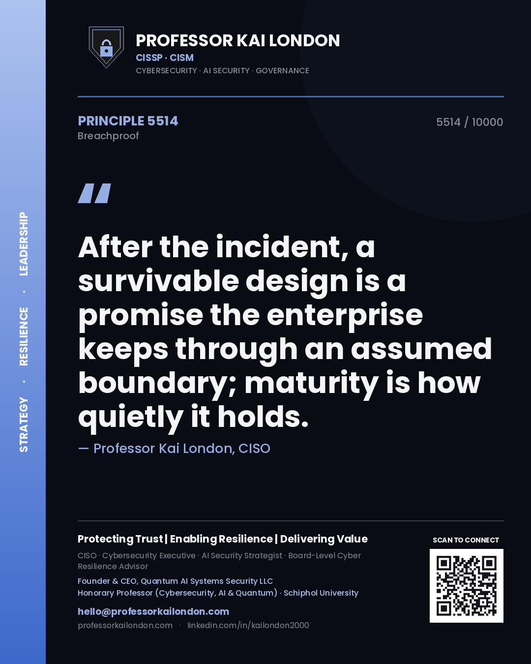 Quote card by Professor Kai London reading 'After the incident, a survivable design is a promise the enterprise keeps through an assumed boundary; maturity is how quietly it holds.'. From the book Breachproof.