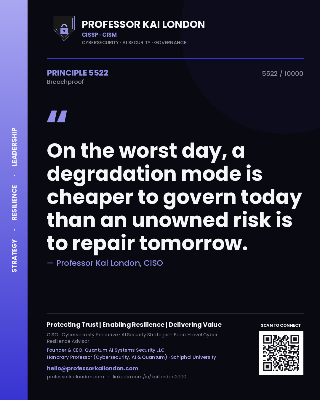 Quote card by Professor Kai London reading 'On the worst day, a degradation mode is cheaper to govern today than an unowned risk is to repair tomorrow.'. From the book Breachproof.