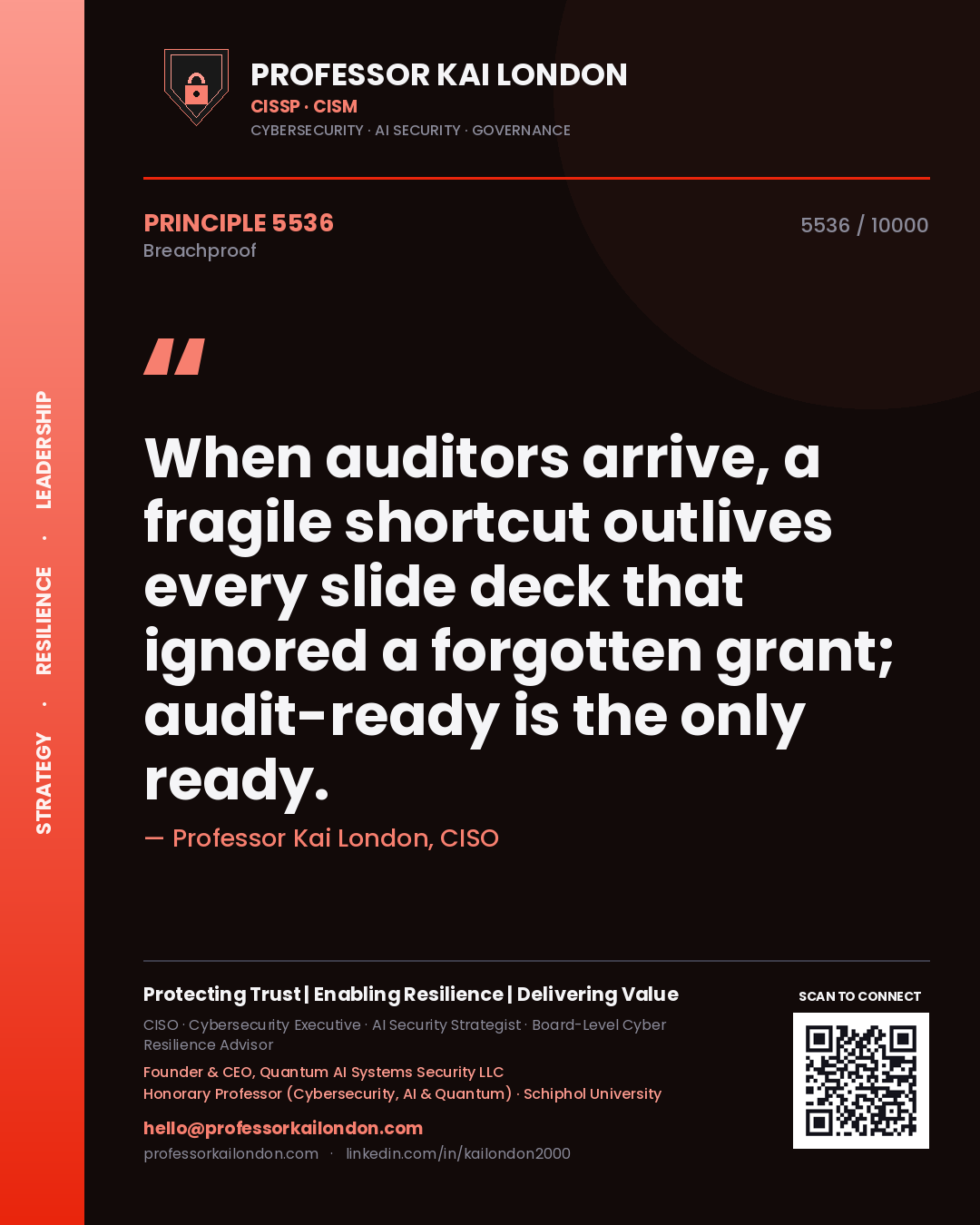 Professor Kai London principle 5536: When auditors arrive, a fragile shortcut outlives every slide deck that ignored a forgotten grant; audit-ready is the only ready.