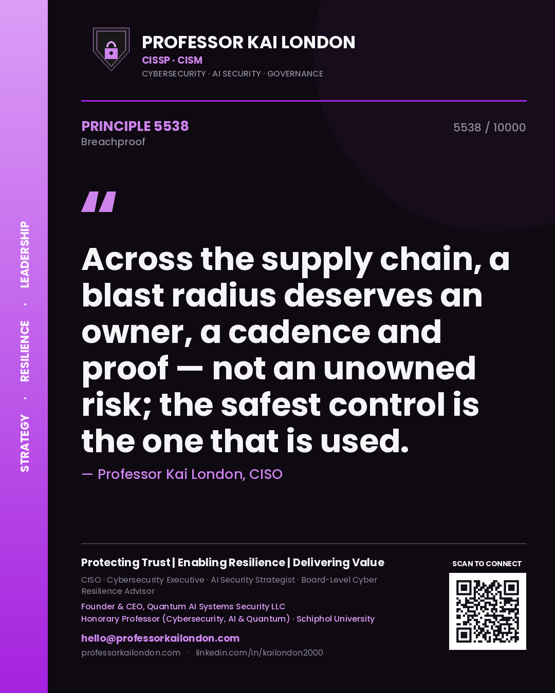 Professor Kai London principle 5538: Across the supply chain, a blast radius deserves an owner, a cadence and proof — not an unowned risk; the safest control is the one that is used.