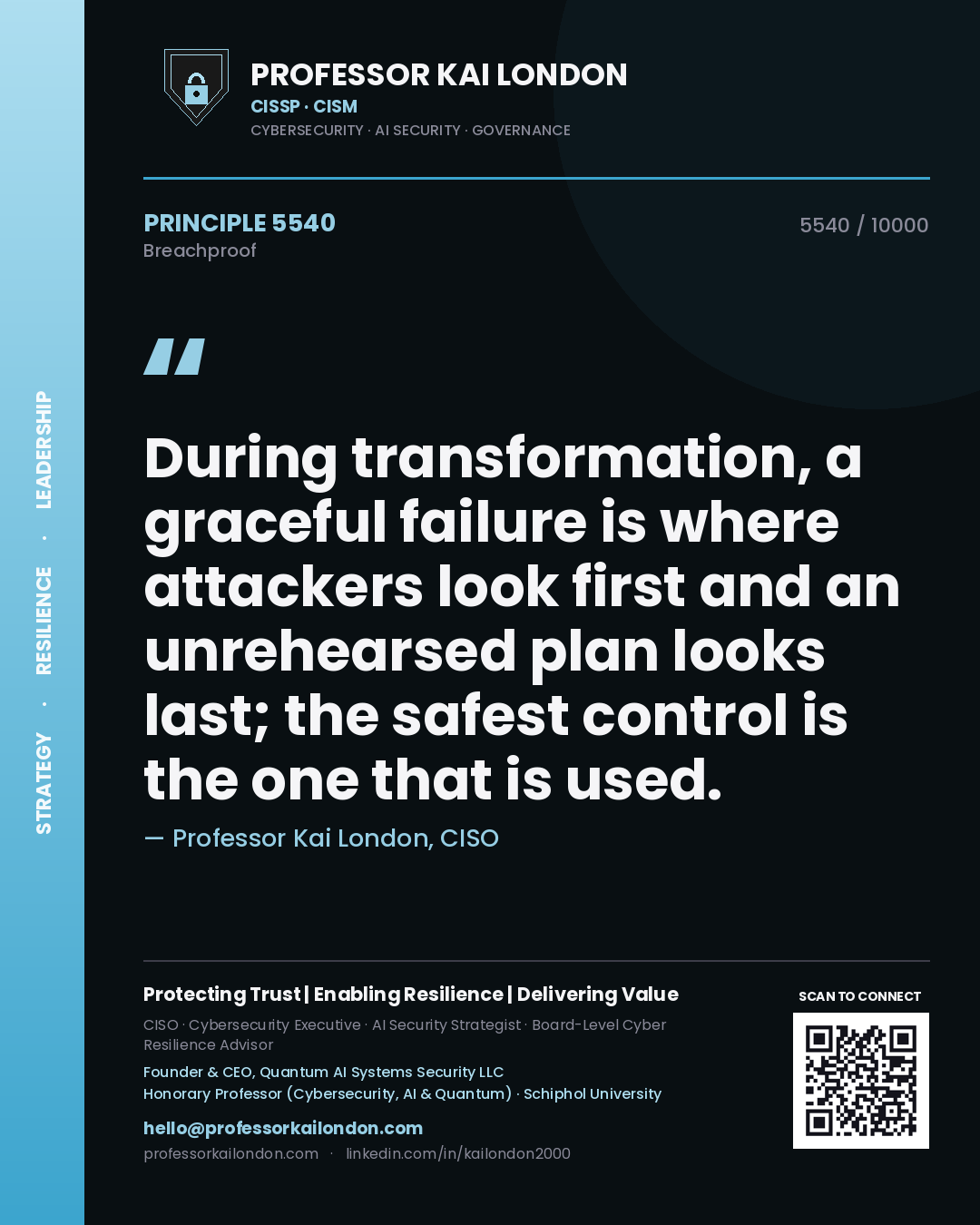 Quote card by Professor Kai London reading 'During transformation, a graceful failure is where attackers look first and an unrehearsed plan looks last; the safest control is the one that is used.'. From the book Breachproof.
