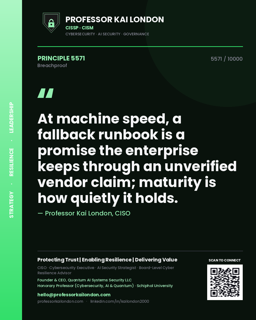 Professor Kai London principle 5571: At machine speed, a fallback runbook is a promise the enterprise keeps through an unverified vendor claim; maturity is how quietly it holds.