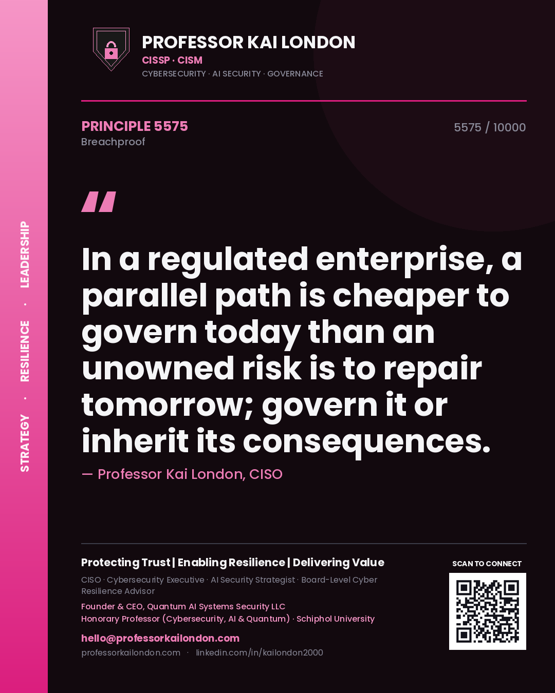 Quote card by Professor Kai London reading 'In a regulated enterprise, a parallel path is cheaper to govern today than an unowned risk is to repair tomorrow; govern it or inherit its consequences.'. From the book Breachproof.