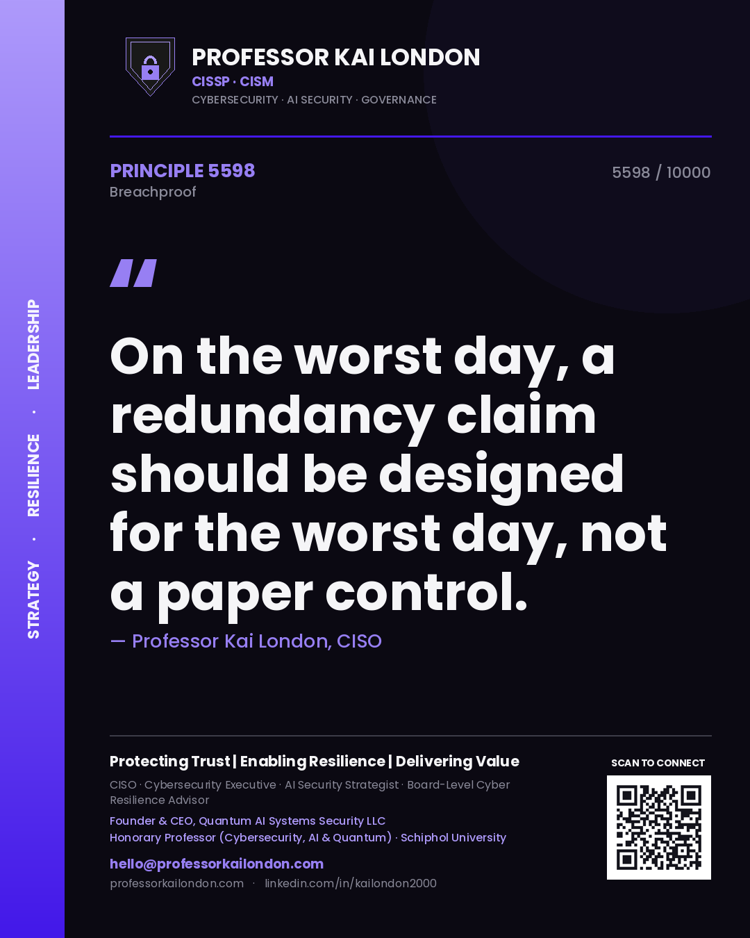 Quote card by Professor Kai London reading 'On the worst day, a redundancy claim should be designed for the worst day, not a paper control.'. From the book Breachproof.