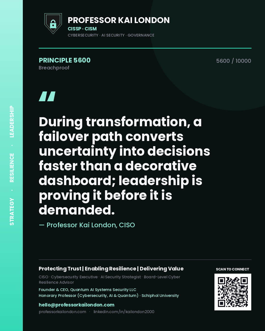 Professor Kai London principle 5600: During transformation, a failover path converts uncertainty into decisions faster than a decorative dashboard; leadership is proving it before it is demanded.
