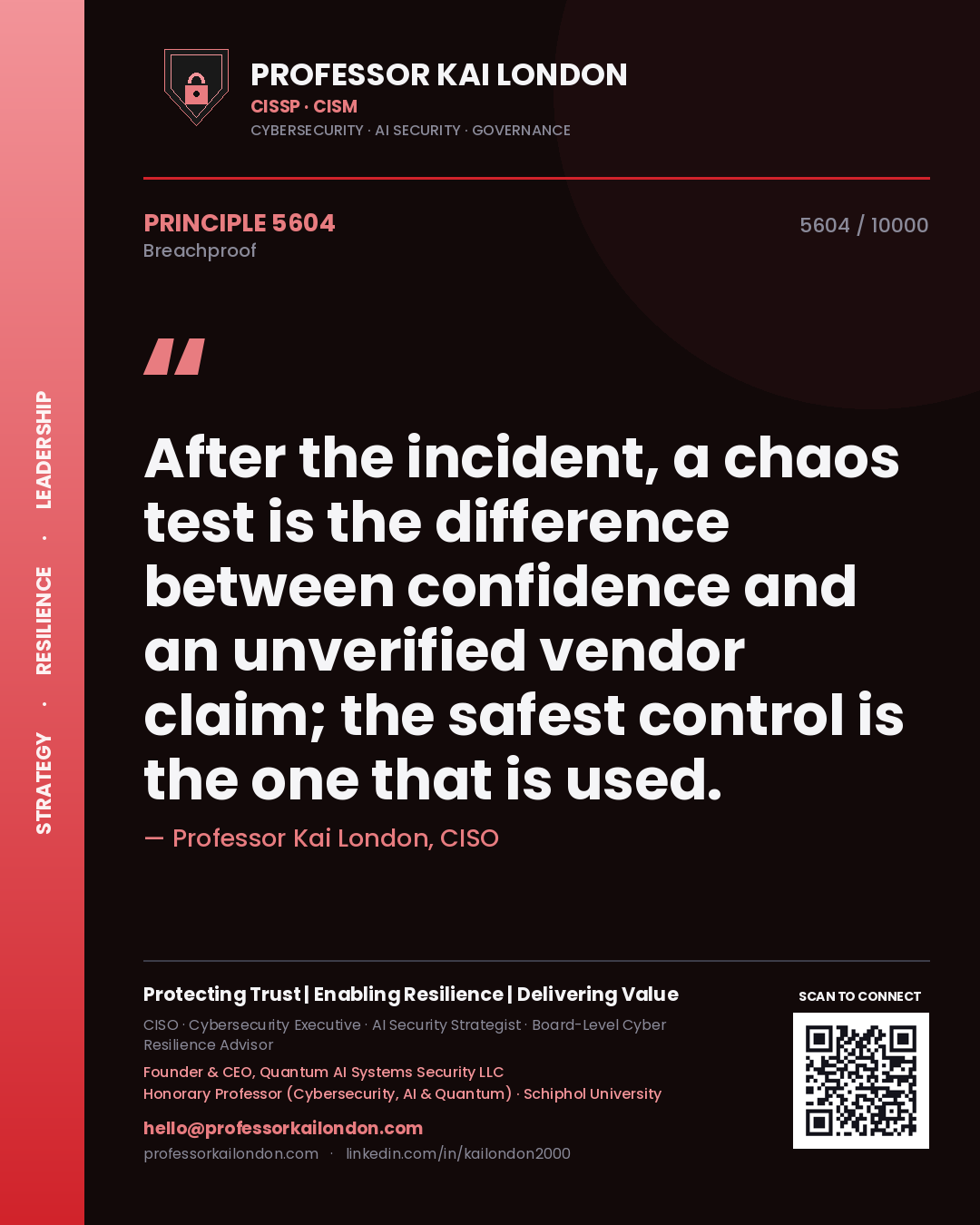 Professor Kai London principle 5604: After the incident, a chaos test is the difference between confidence and an unverified vendor claim; the safest control is the one that is used.