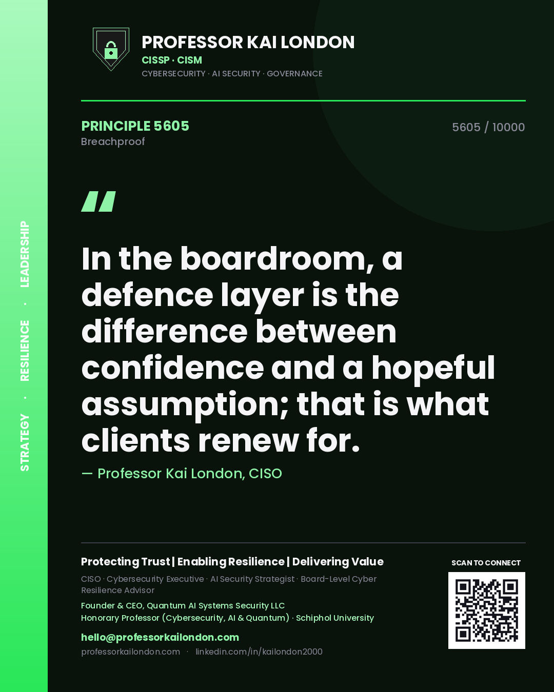 Quote card by Professor Kai London reading 'In the boardroom, a defence layer is the difference between confidence and a hopeful assumption; that is what clients renew for.'. From the book Breachproof.