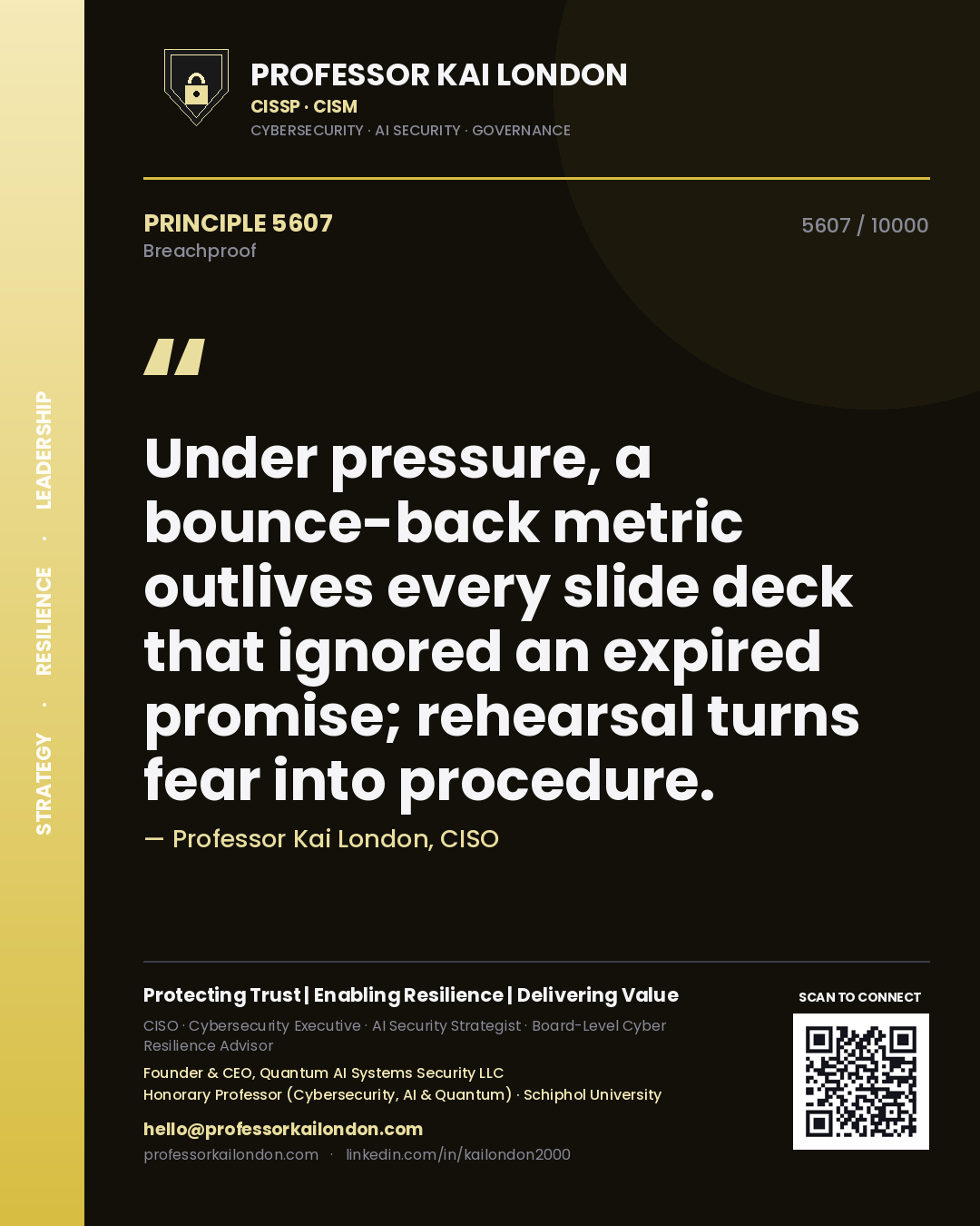 Quote card by Professor Kai London reading 'Under pressure, a bounce-back metric outlives every slide deck that ignored an expired promise; rehearsal turns fear into procedure.'. From the book Breachproof.