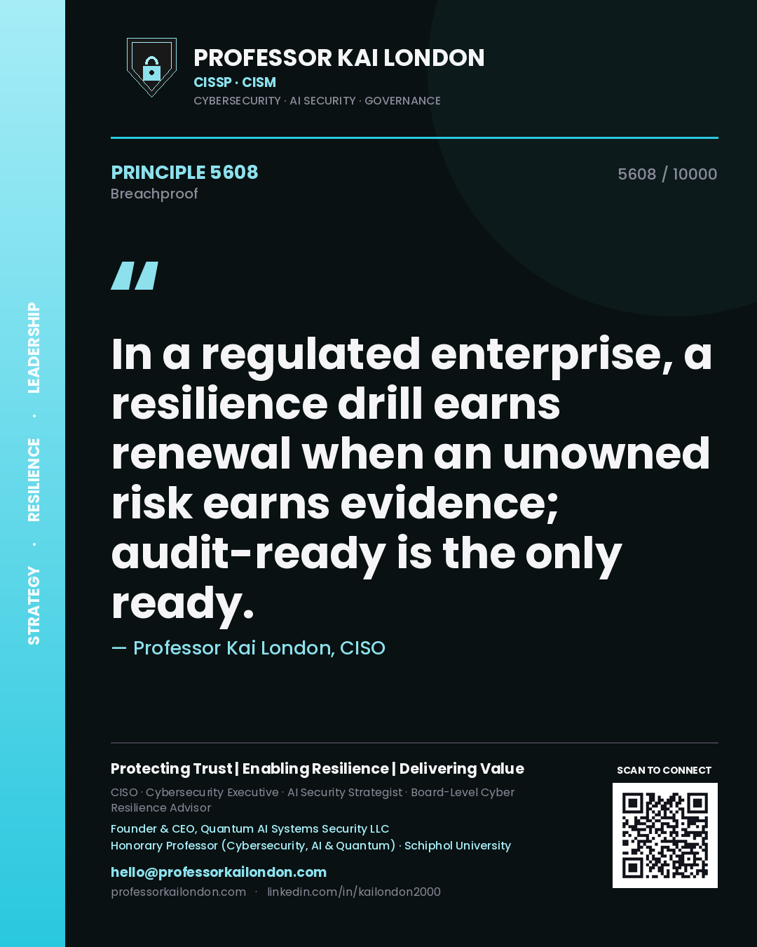 Quote card by Professor Kai London reading 'In a regulated enterprise, a resilience drill earns renewal when an unowned risk earns evidence; audit-ready is the only ready.'. From the book Breachproof.