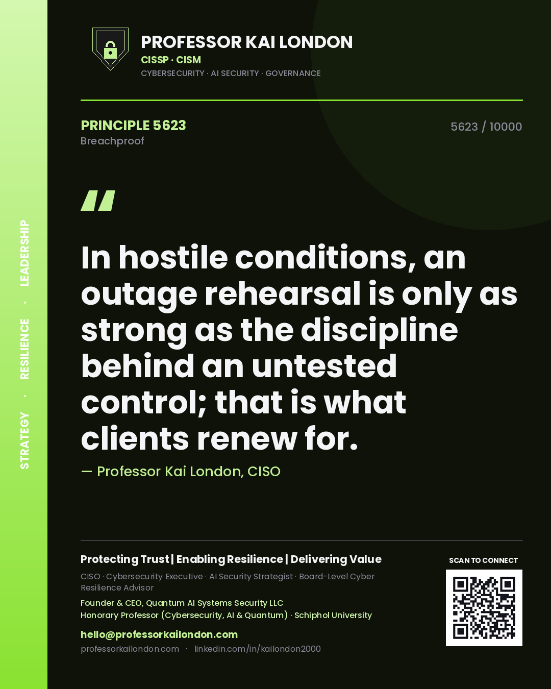 Quote card by Professor Kai London reading 'In hostile conditions, an outage rehearsal is only as strong as the discipline behind an untested control; that is what clients renew for.'. From the book Breachproof.