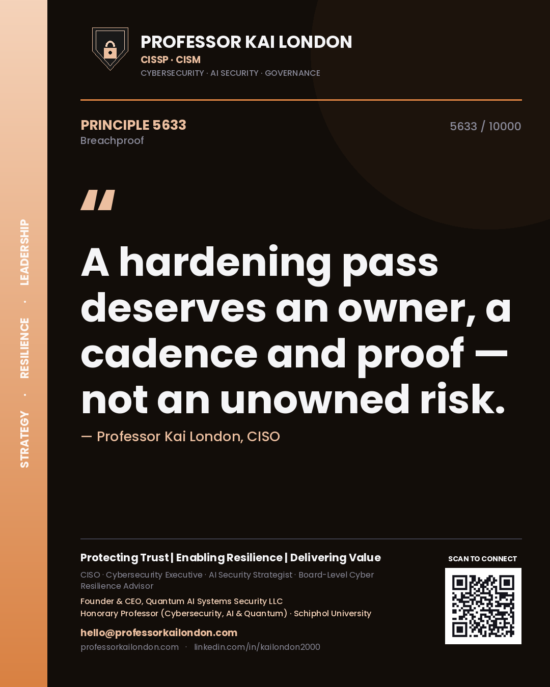 Quote card by Professor Kai London reading 'A hardening pass deserves an owner, a cadence and proof — not an unowned risk.'. From the book Breachproof.
