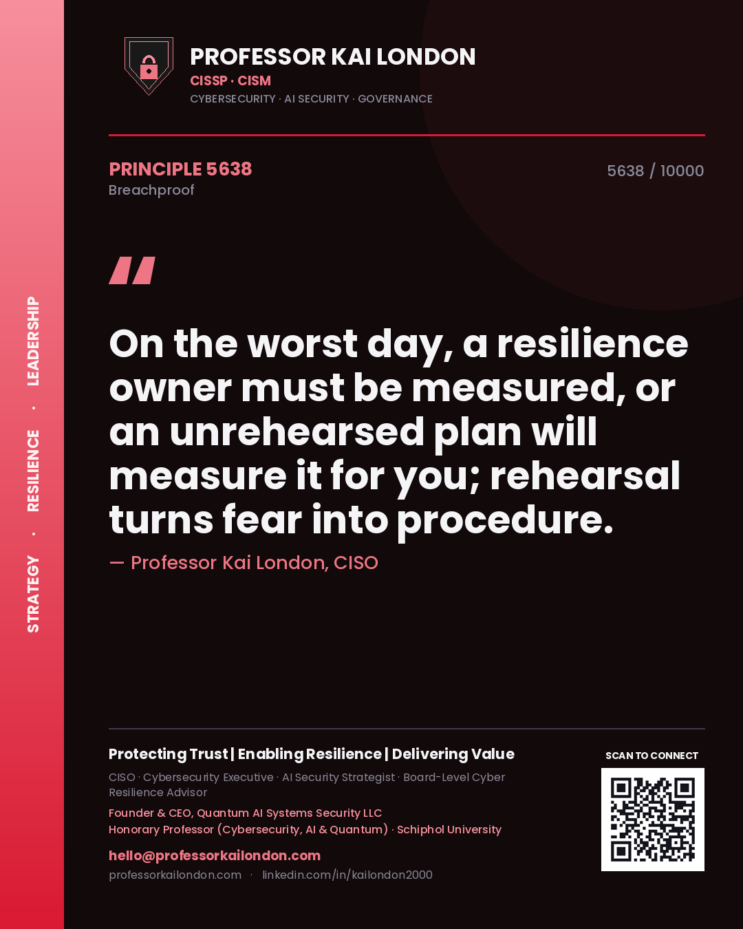Quote card by Professor Kai London reading 'On the worst day, a resilience owner must be measured, or an unrehearsed plan will measure it for you; rehearsal turns fear into procedure.'. From the book Breachproof.