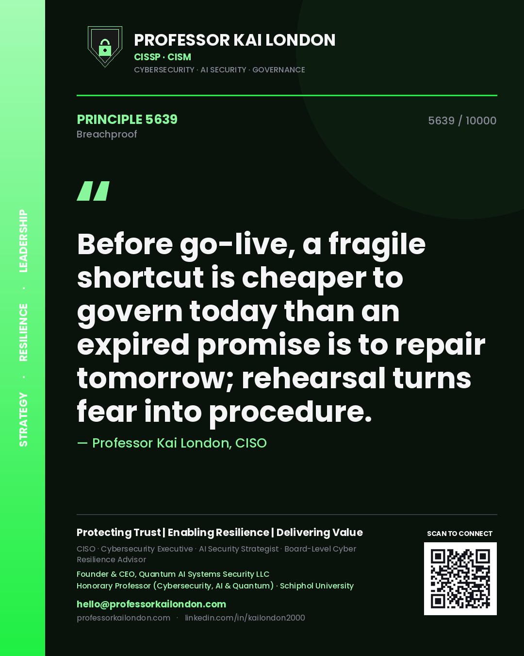 Quote card by Professor Kai London reading 'Before go-live, a fragile shortcut is cheaper to govern today than an expired promise is to repair tomorrow; rehearsal turns fear into procedure.'. From the book Breachproof.