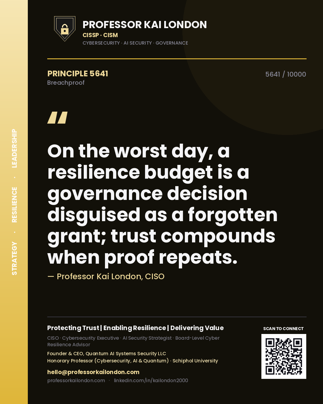Quote card by Professor Kai London reading 'On the worst day, a resilience budget is a governance decision disguised as a forgotten grant; trust compounds when proof repeats.'. From the book Breachproof.