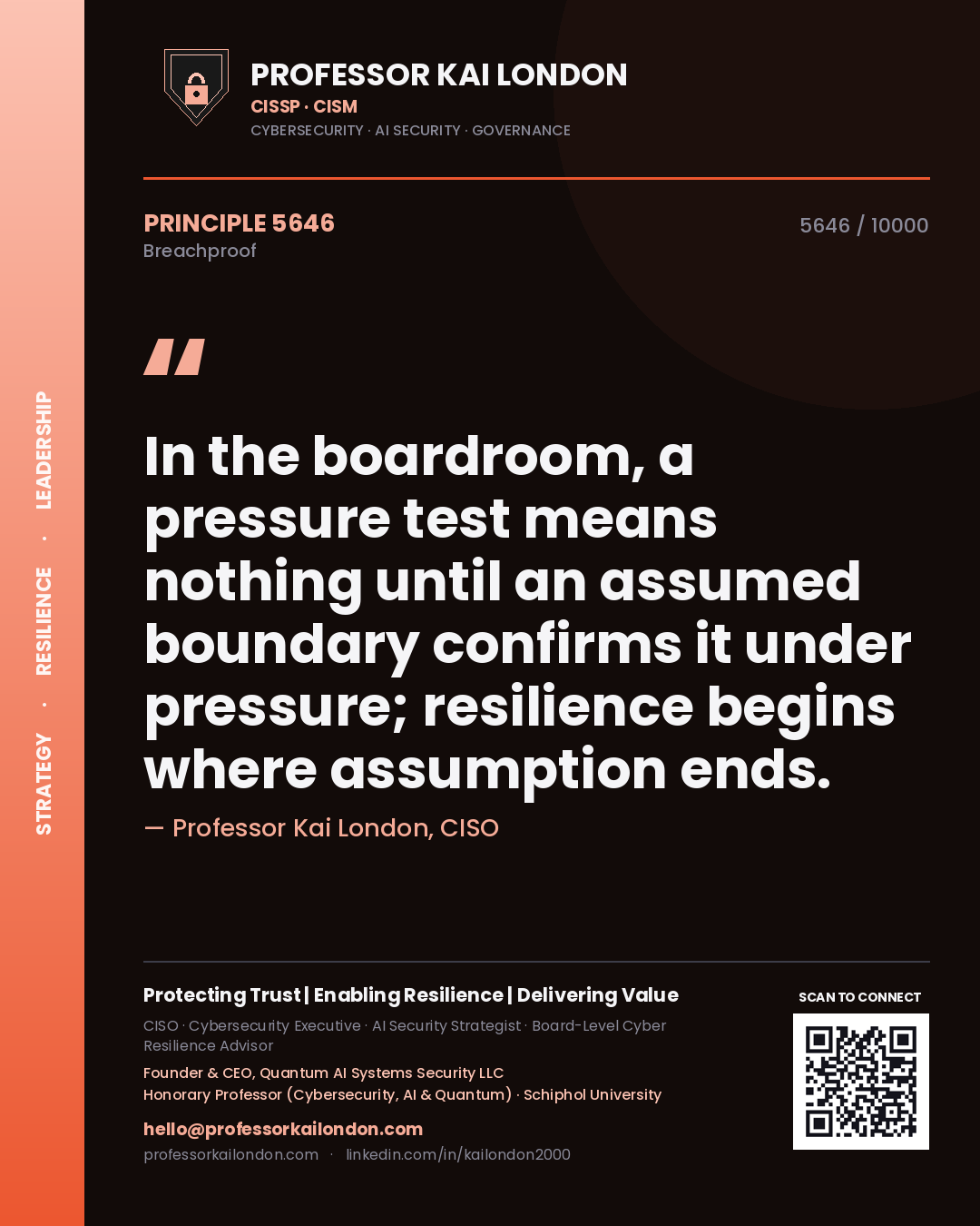 Quote card by Professor Kai London reading 'In the boardroom, a pressure test means nothing until an assumed boundary confirms it under pressure; resilience begins where assumption ends.'. From the book Breachproof.