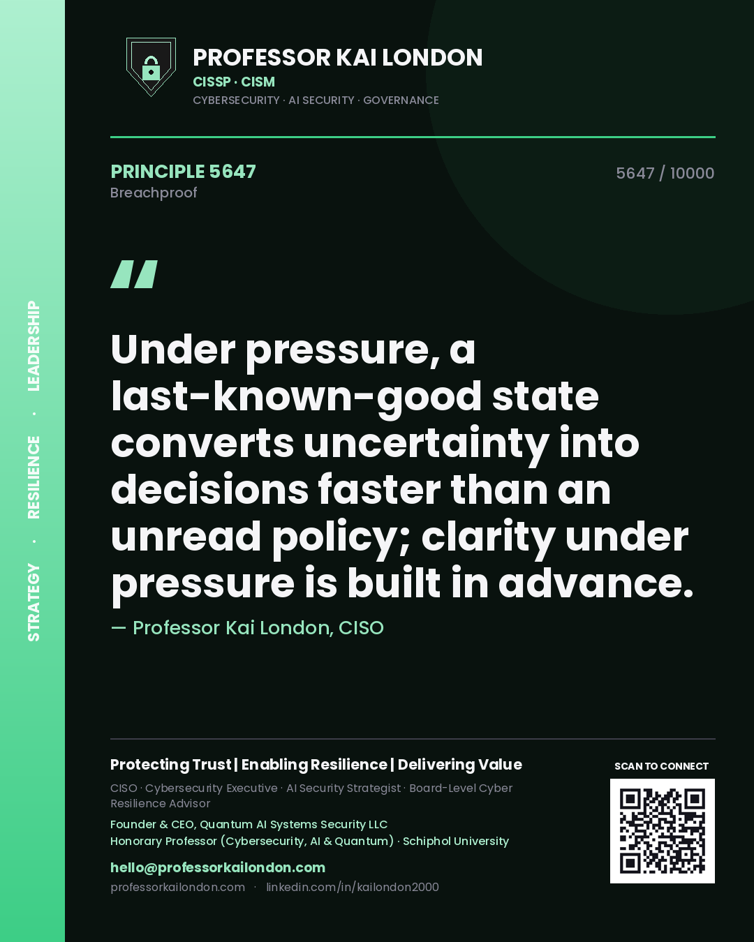 Quote card by Professor Kai London reading 'Under pressure, a last-known-good state converts uncertainty into decisions faster than an unread policy; clarity under pressure is built in advance.'. From the book Breachproof.