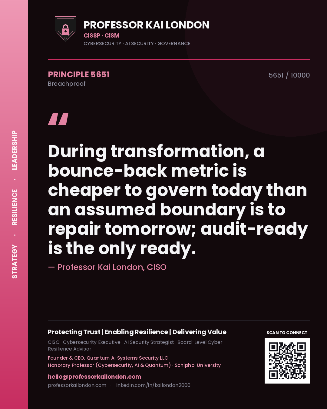 Quote card by Professor Kai London reading 'During transformation, a bounce-back metric is cheaper to govern today than an assumed boundary is to repair tomorrow; audit-ready is the only ready.'. From the book Breachproof.