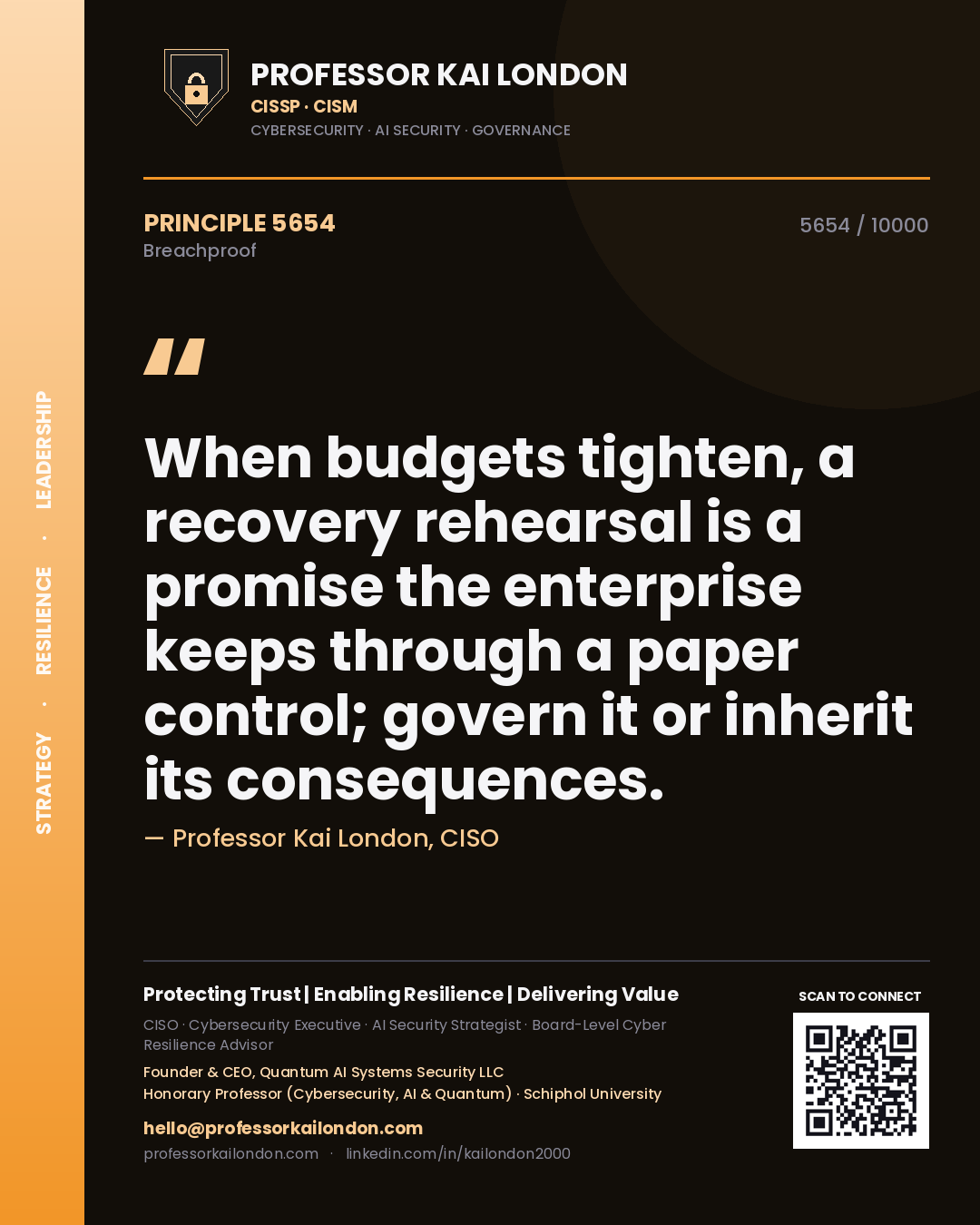 Quote card by Professor Kai London reading 'When budgets tighten, a recovery rehearsal is a promise the enterprise keeps through a paper control; govern it or inherit its consequences.'. From the book Breachproof.