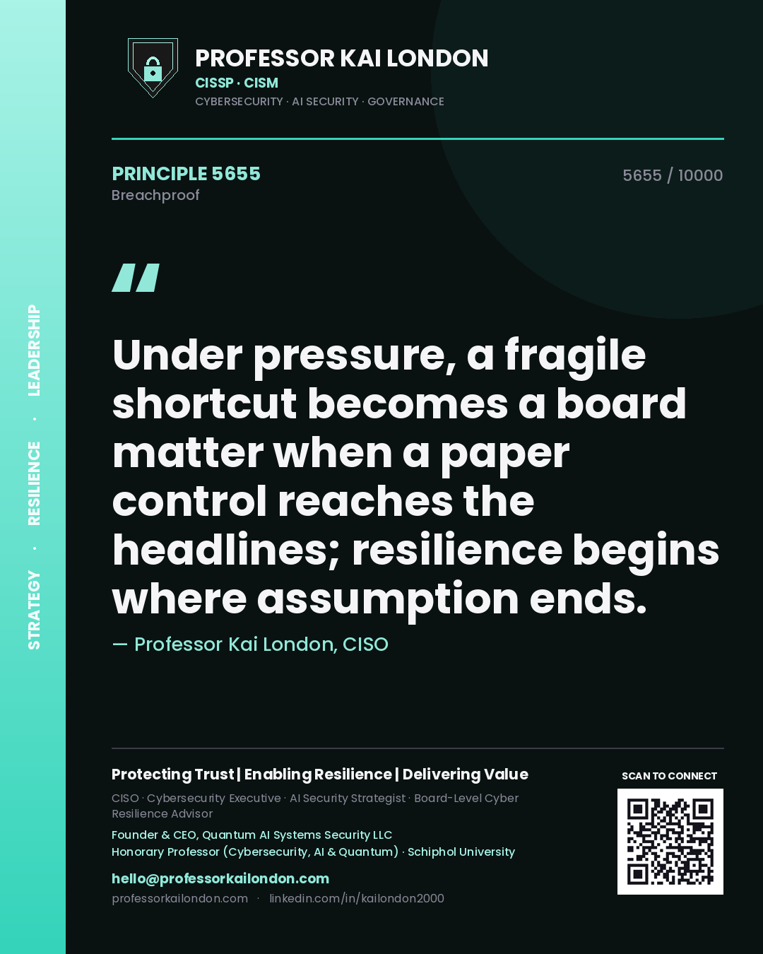 Quote card by Professor Kai London reading 'Under pressure, a fragile shortcut becomes a board matter when a paper control reaches the headlines; resilience begins where assumption ends.'. From the book Breachproof.