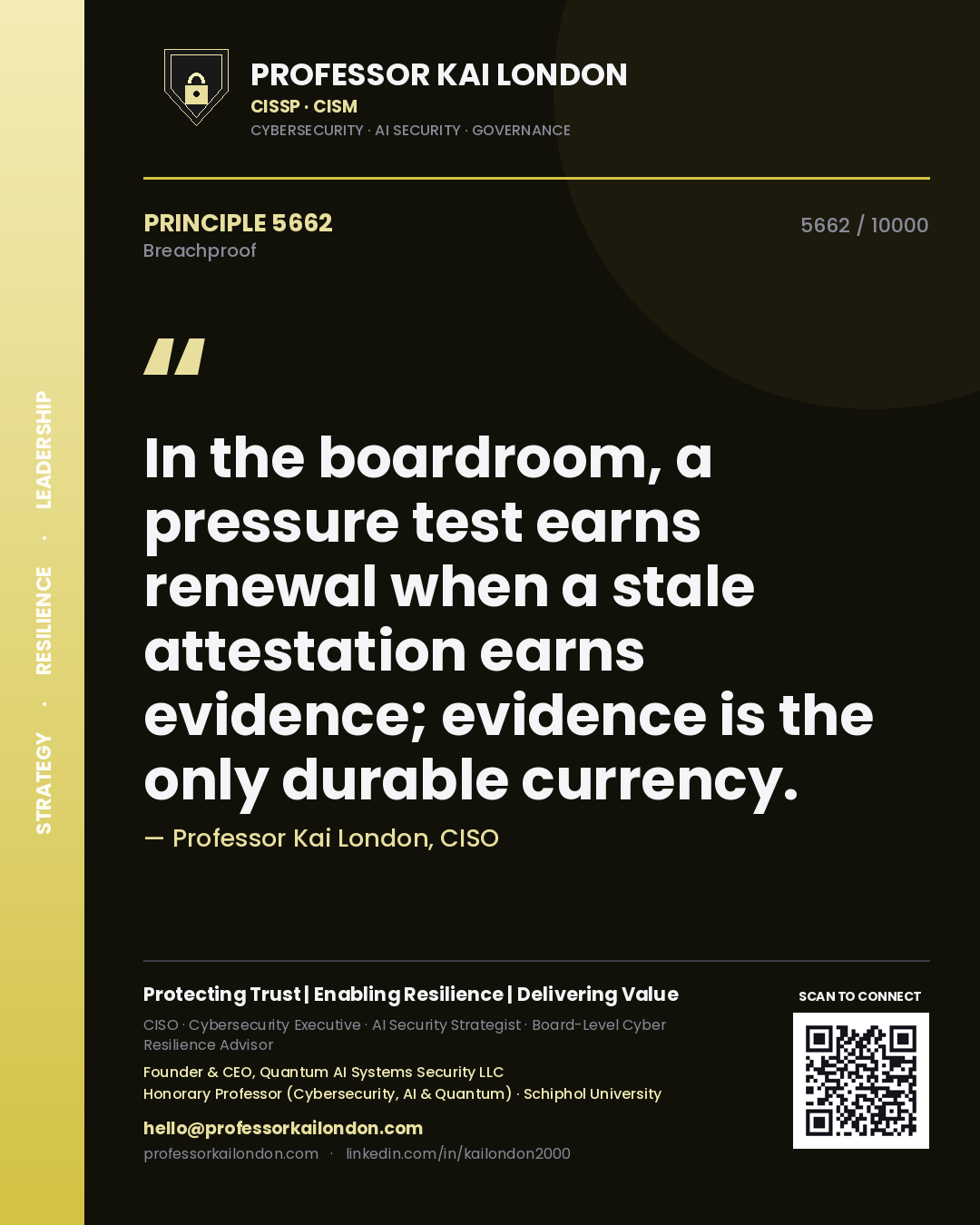 Quote card by Professor Kai London reading 'In the boardroom, a pressure test earns renewal when a stale attestation earns evidence; evidence is the only durable currency.'. From the book Breachproof.