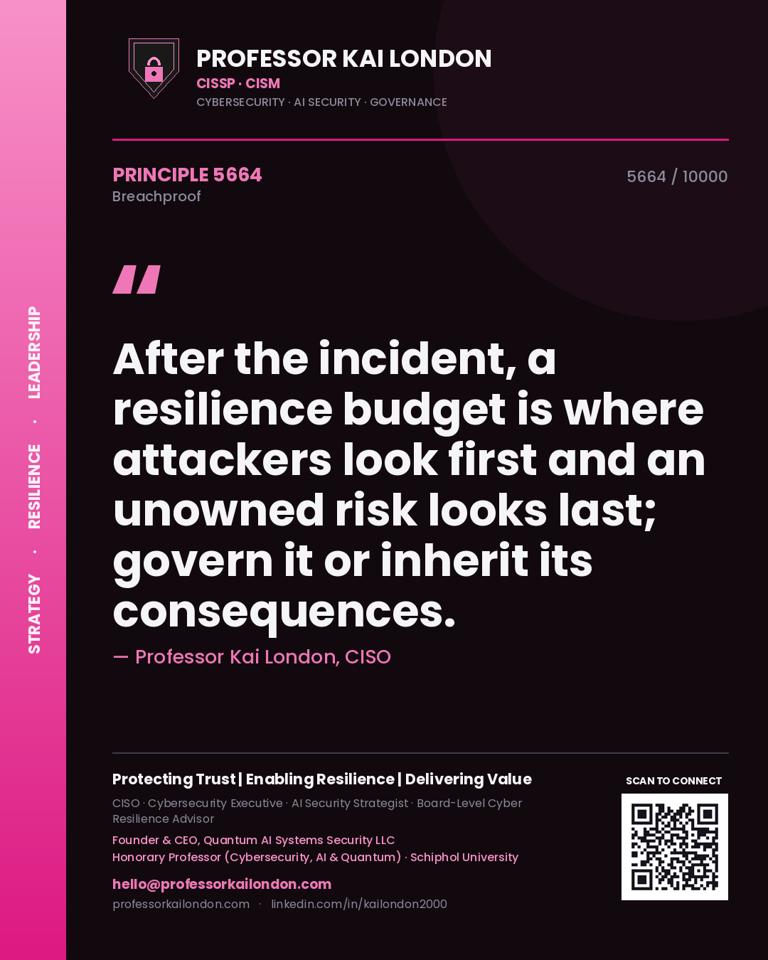 Quote card by Professor Kai London reading 'After the incident, a resilience budget is where attackers look first and an unowned risk looks last; govern it or inherit its consequences.'. From the book Breachproof.