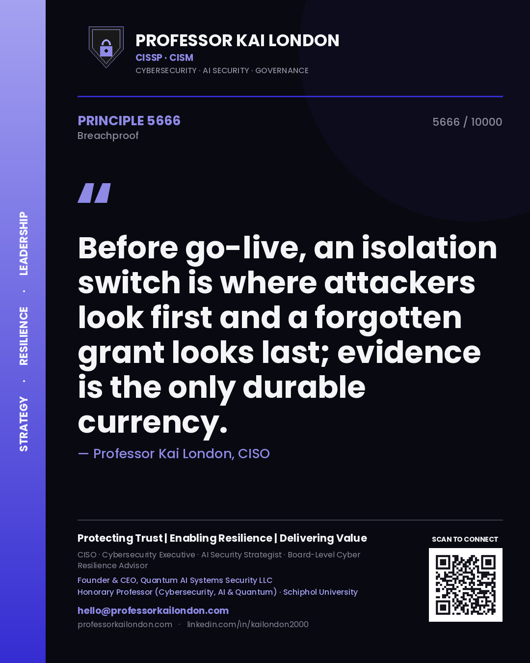 Quote card by Professor Kai London reading 'Before go-live, an isolation switch is where attackers look first and a forgotten grant looks last; evidence is the only durable currency.'. From the book Breachproof.