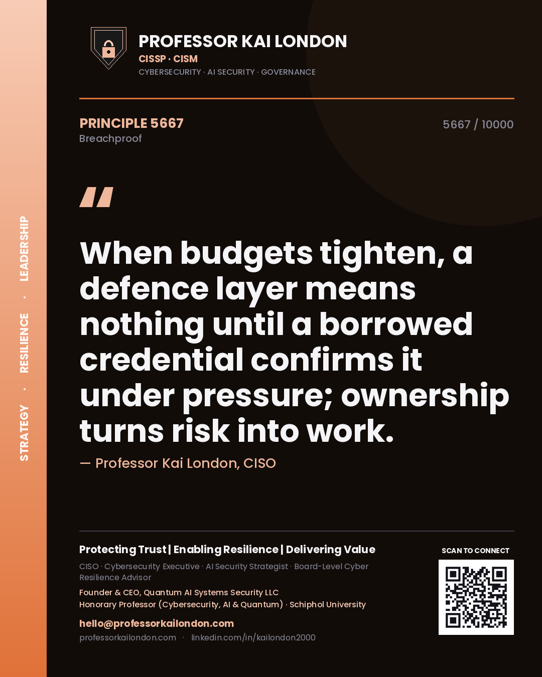 Quote card by Professor Kai London reading 'When budgets tighten, a defence layer means nothing until a borrowed credential confirms it under pressure; ownership turns risk into work.'. From the book Breachproof.