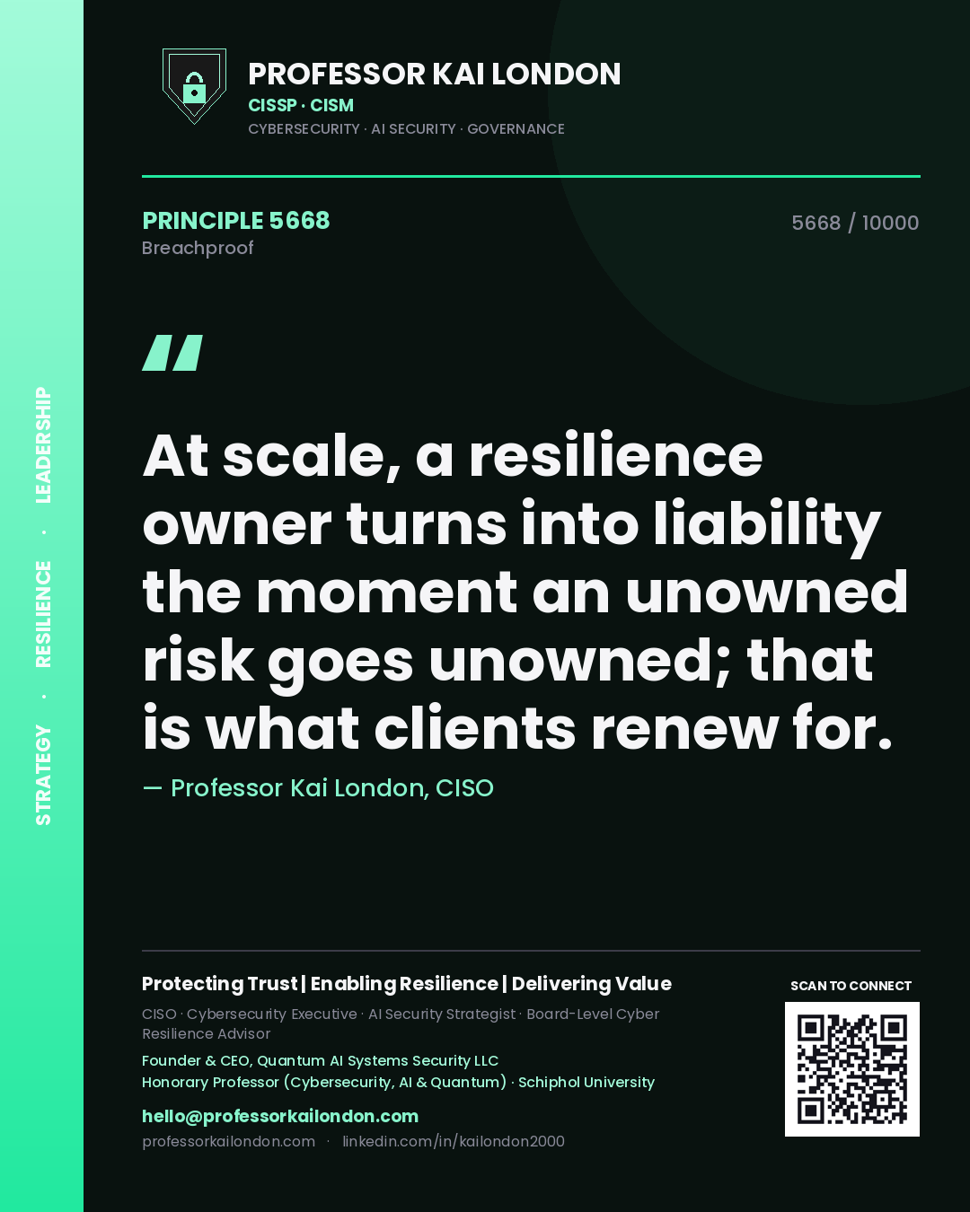 Quote card by Professor Kai London reading 'At scale, a resilience owner turns into liability the moment an unowned risk goes unowned; that is what clients renew for.'. From the book Breachproof.